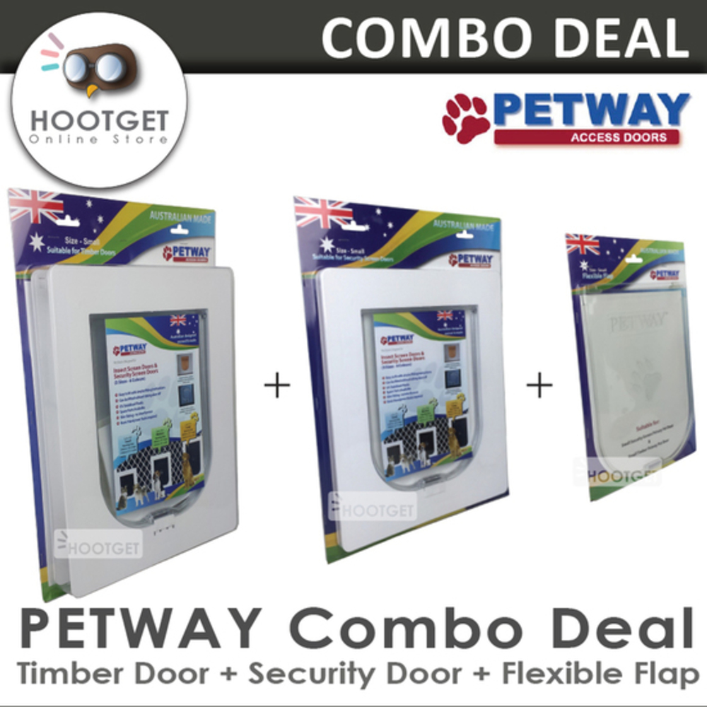 [3 Sizes] PETWAY Security Door+Timber Door+Flexible Flap Combo Set, Cat